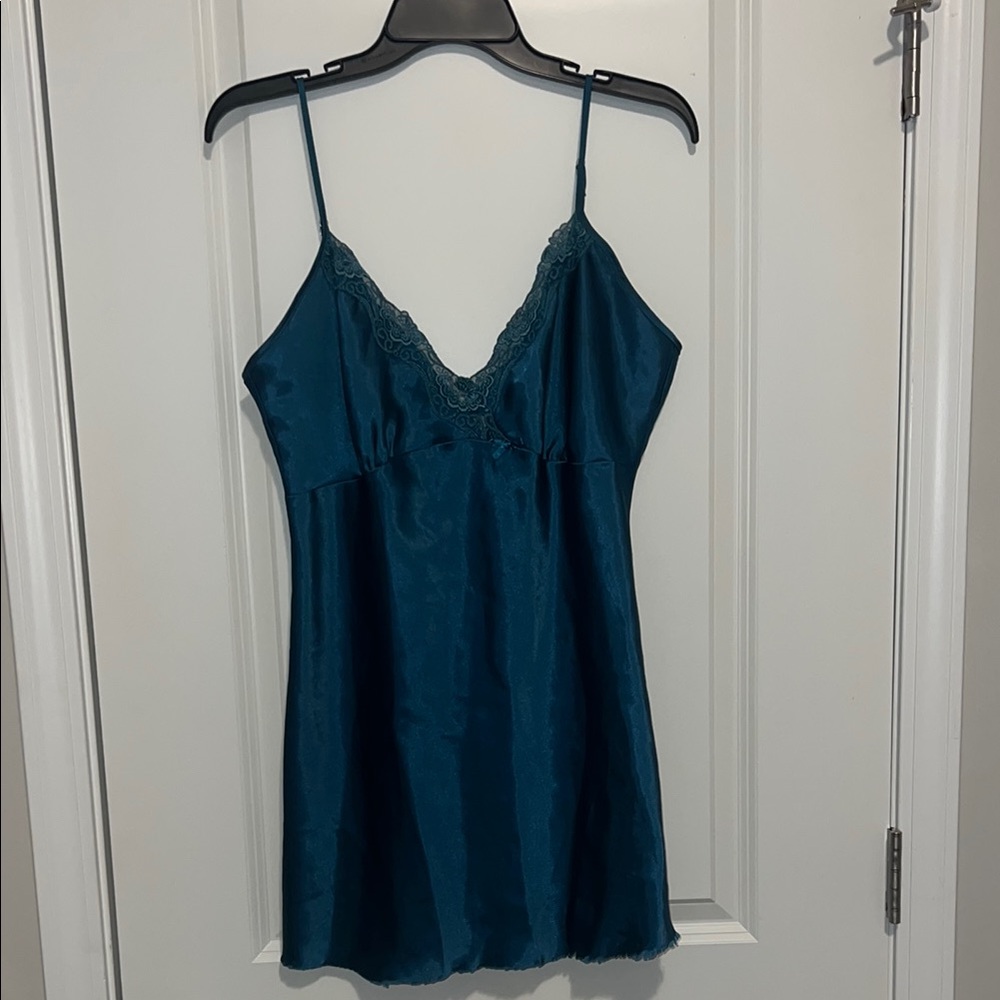 Delicates Teal Satin Nightgown with Lace Detail
